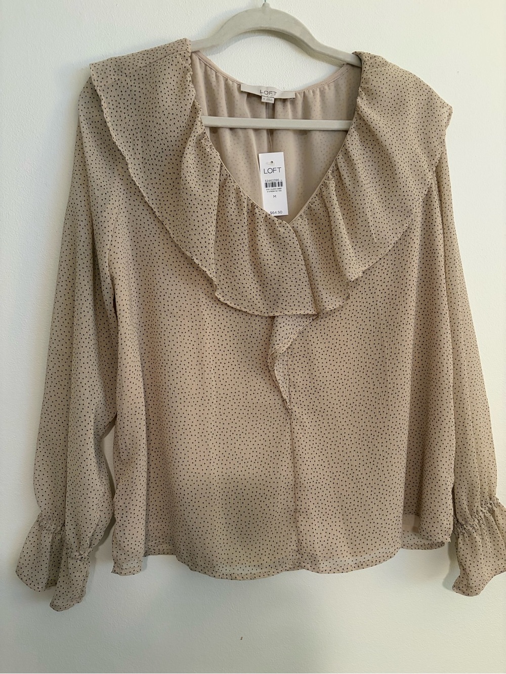 LOFT Taupe Polka Dot Ruffle Collar Blouse